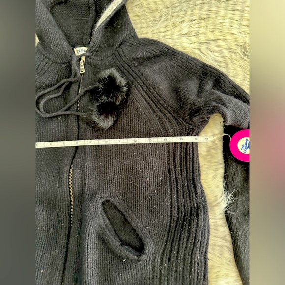 EUC 🌟Express Wool Blend Zip-up Hoodie w/ Real Rabbit Fur Hood Pompoms Sz. M - Picture 4 of 5